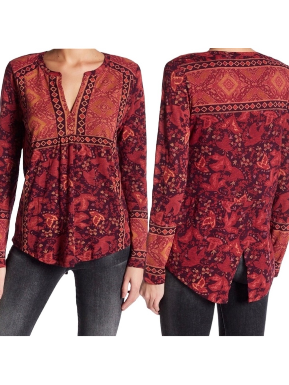 Lucky Brand Red Floral Geometric Long Sleeve V Neck Split Back Medium Cotton Top